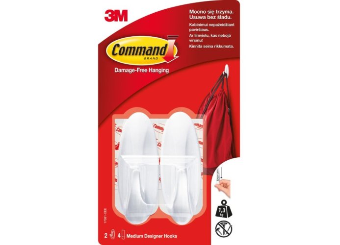 3M Command™ biele samolepiace plastové háčiky, stredná veľkosť, 2 ks