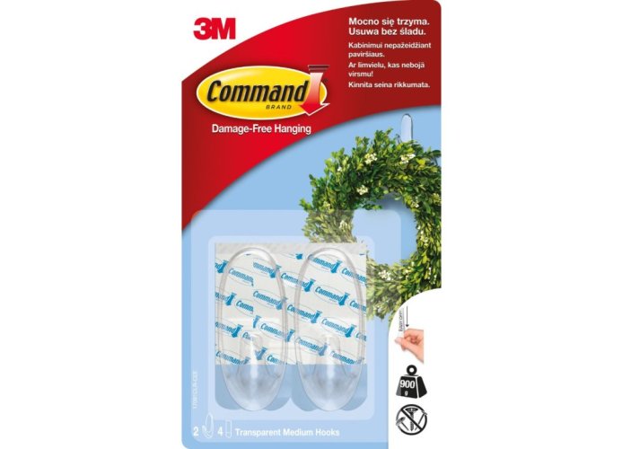 3M Command™ priehľadné samolepiace plastové háčiky, stredné prevedenie, 2 ks