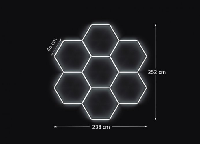 Kompletní LED hexagonové svítidlo, velikost: 7 elementů 238 x 252 cm, teplota chromatičnosti: studená bílá 6500 K