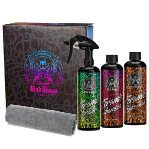 Sada autokozmetiky s prímesí SiO2 na umytie, ochranu a údržbu laku auta Bad Boys