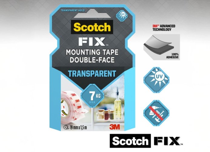 3M™ Scotch® Obojstranná montážna páska do interiéru, transparentná, 19 mm x 1,5 m